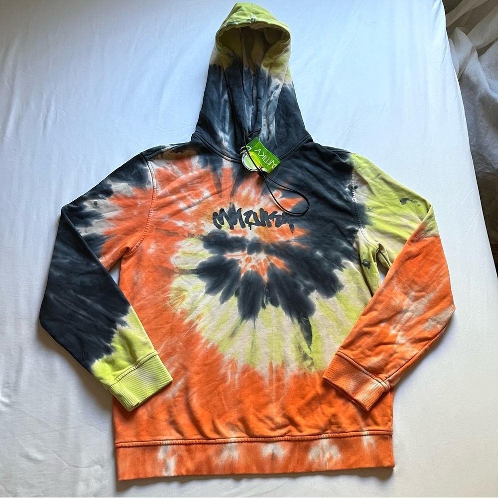 NWT MISHKA NYC orange yellow navy tie dye knit logo graphic pullover hoodie